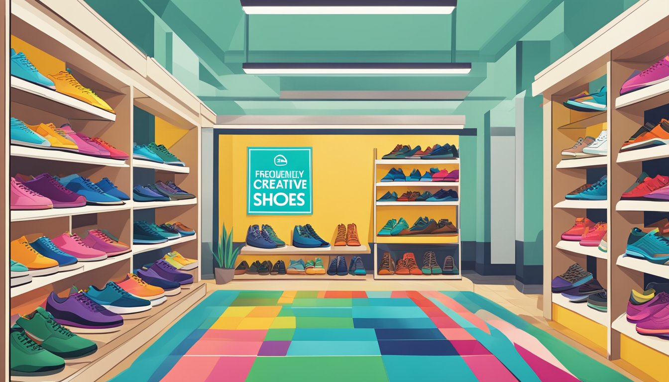 Colorful shoes displayed on shelves with a sign that reads "Frequently Asked Questions creative shoes brand" above them