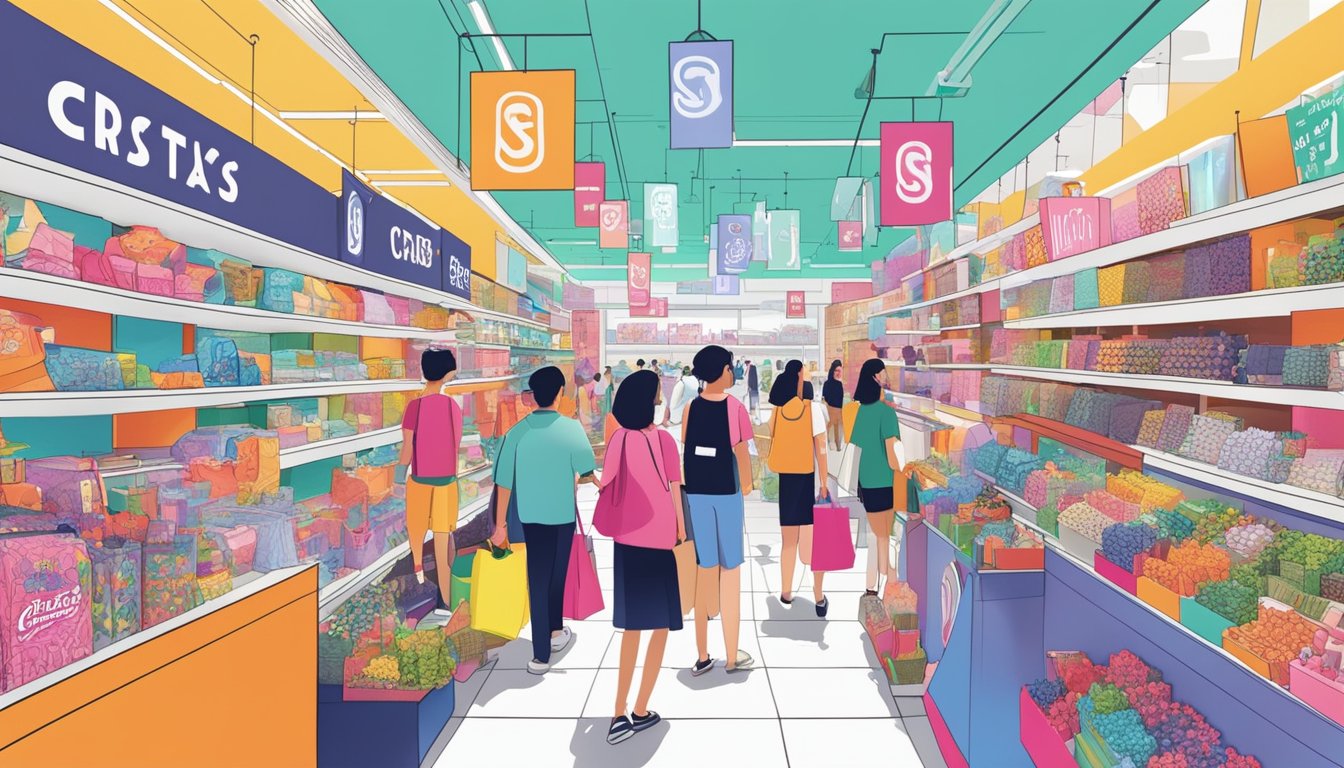 Shoppers browse through a bustling store, surrounded by colorful displays and bold signage for Criss Cross brand in Singapore