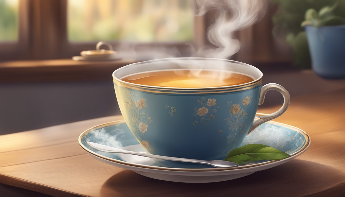 A steaming cup of Cuppa brand tea sits on a saucer, surrounded by wisps of steam and a cozy atmosphere