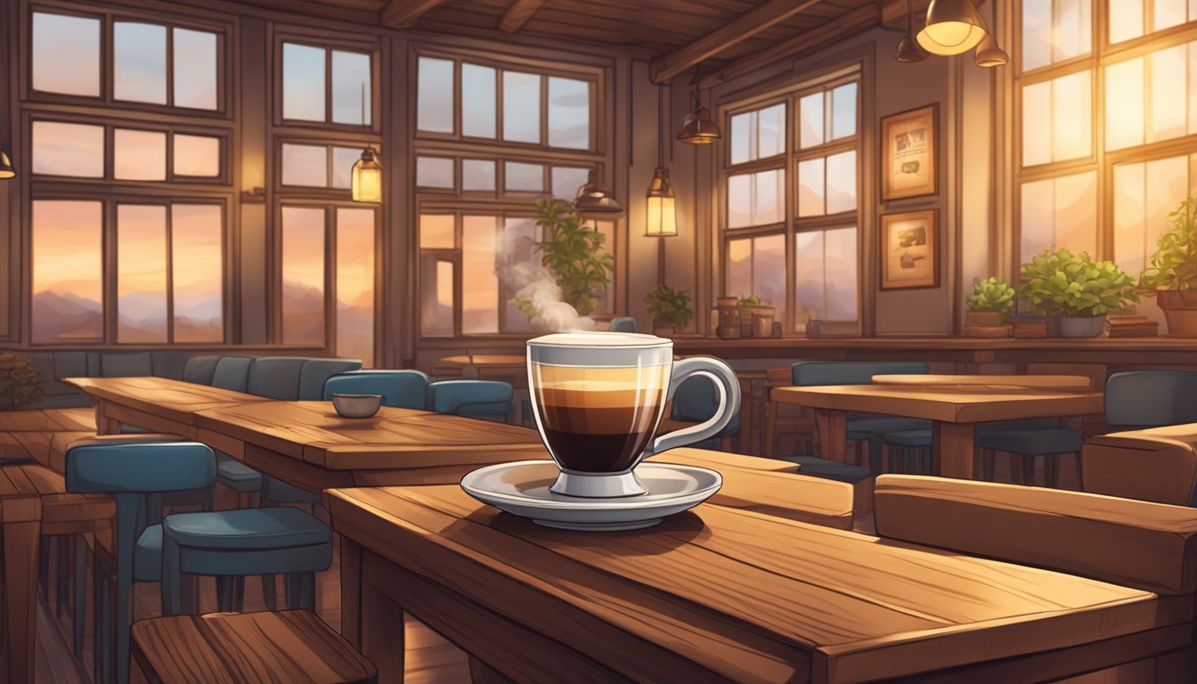 A cozy cafe with a steaming cup of "Cuppa" brand coffee on a rustic wooden table, surrounded by soft lighting and comfortable seating
