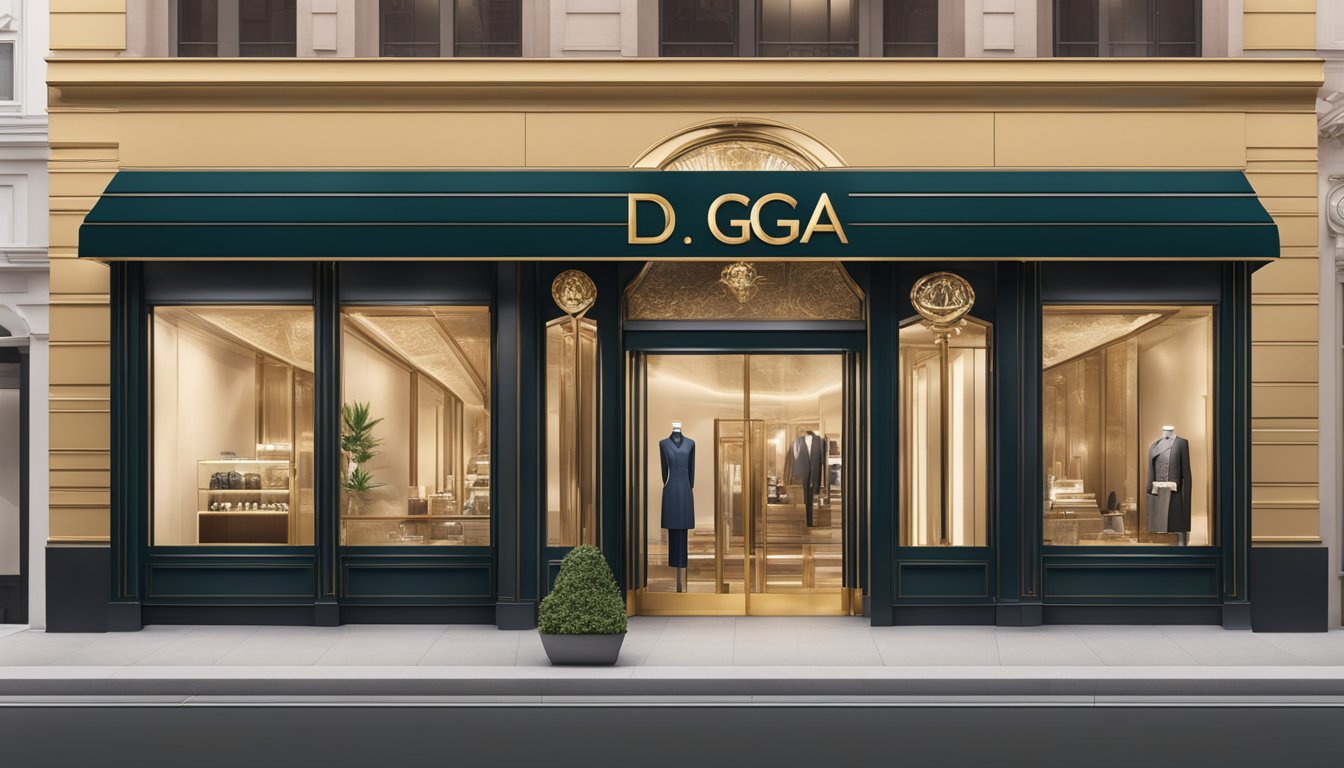 A luxurious storefront with bold D&G branding, featuring sleek window displays and elegant signage
