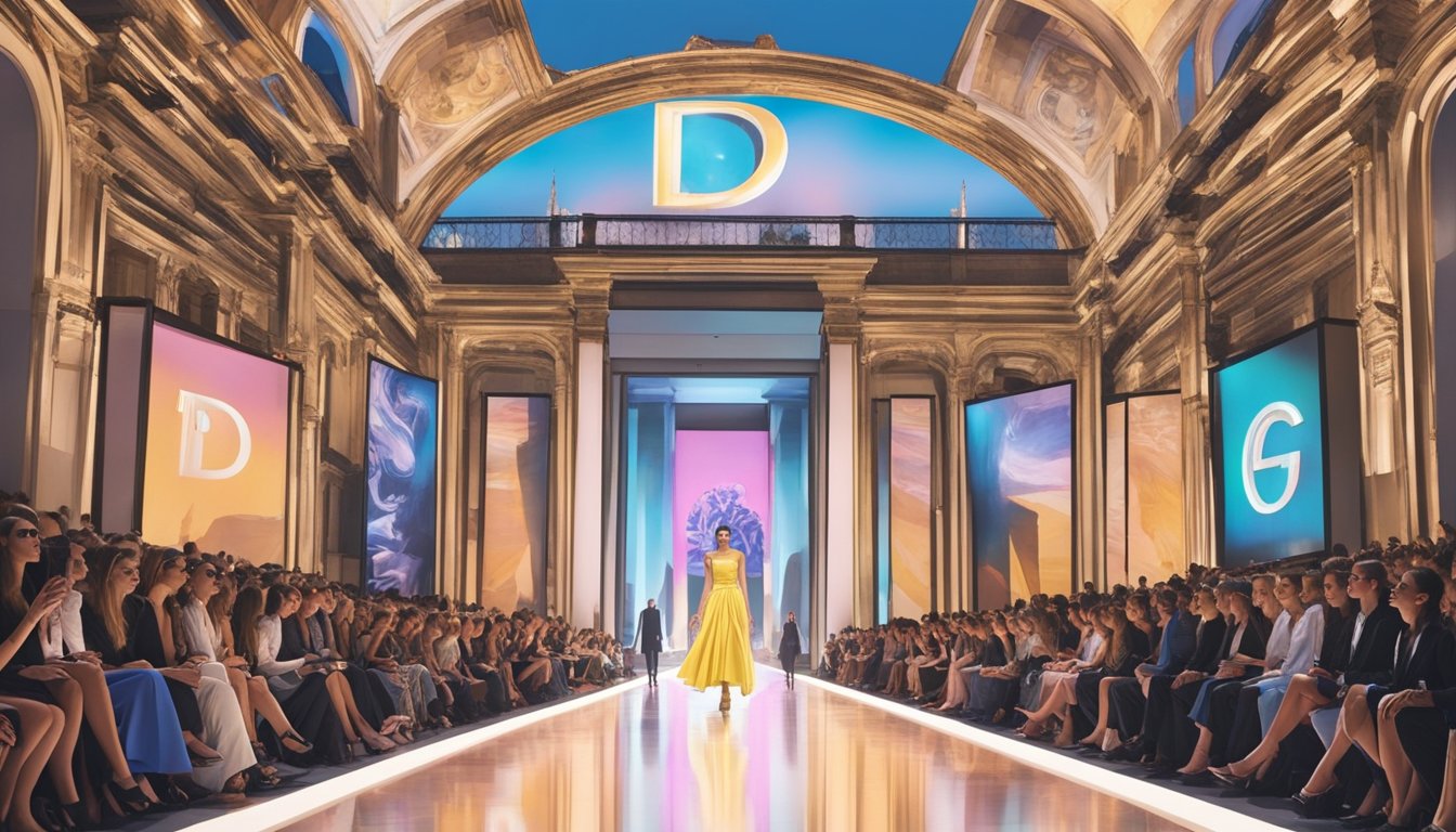 A grand fashion show in Milan, with the iconic D&G logo projected on a massive screen, as models strut down the runway in luxurious and bold designs