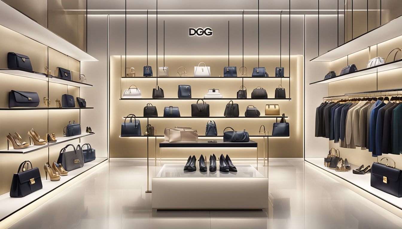 A display of D&G's luxury products, including bags, shoes, and accessories, arranged on sleek shelves with elegant lighting