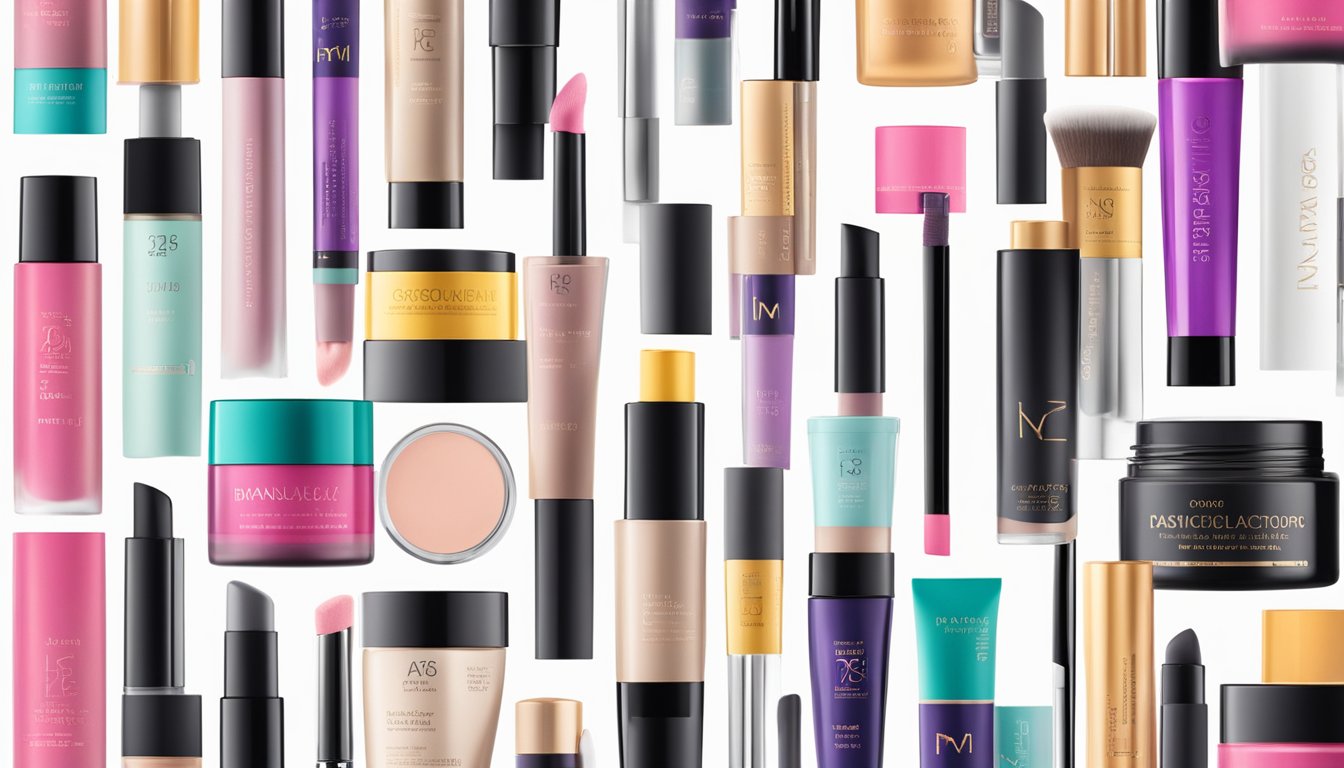 Various Danish makeup brands displayed on a sleek, modern cosmetic counter. Brightly colored packaging and elegant typography catch the eye