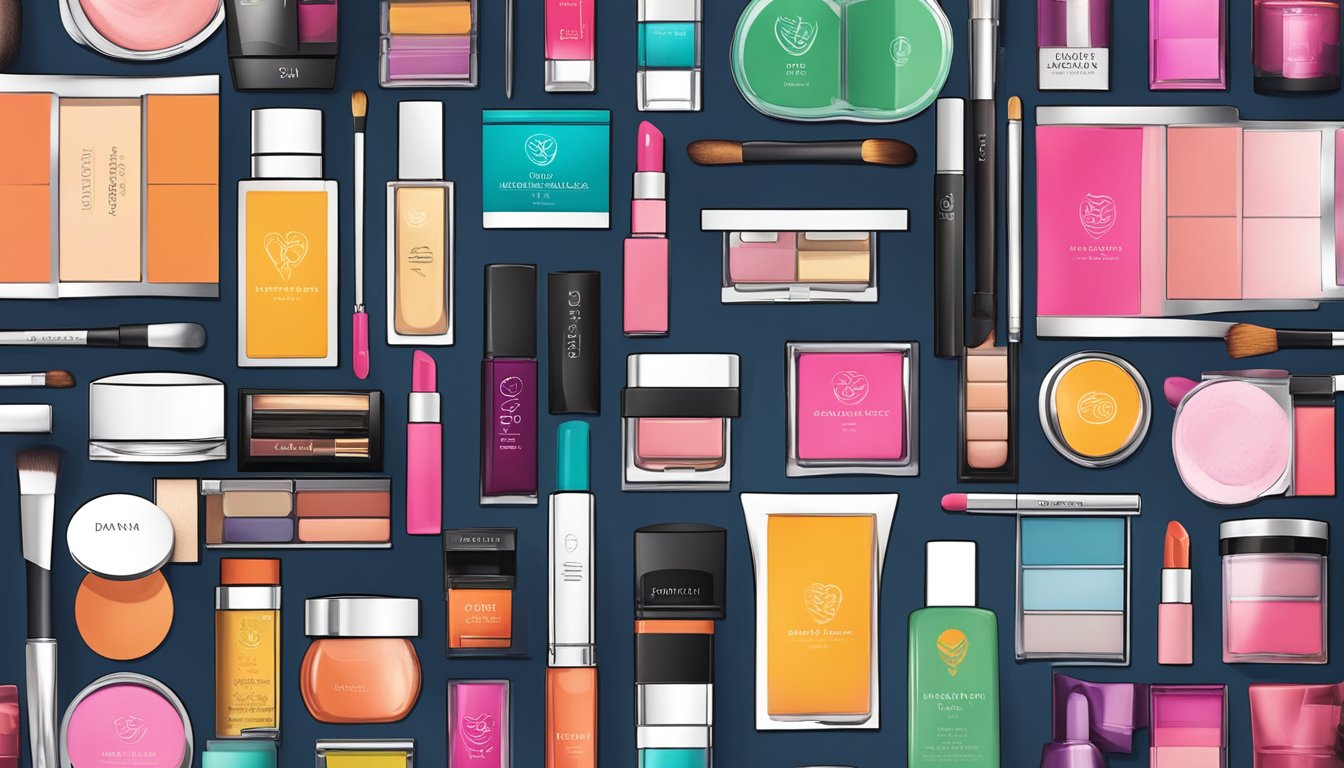 A table displaying iconic Danish makeup brands with sleek packaging and vibrant colors. Brand logos and product names are prominently featured