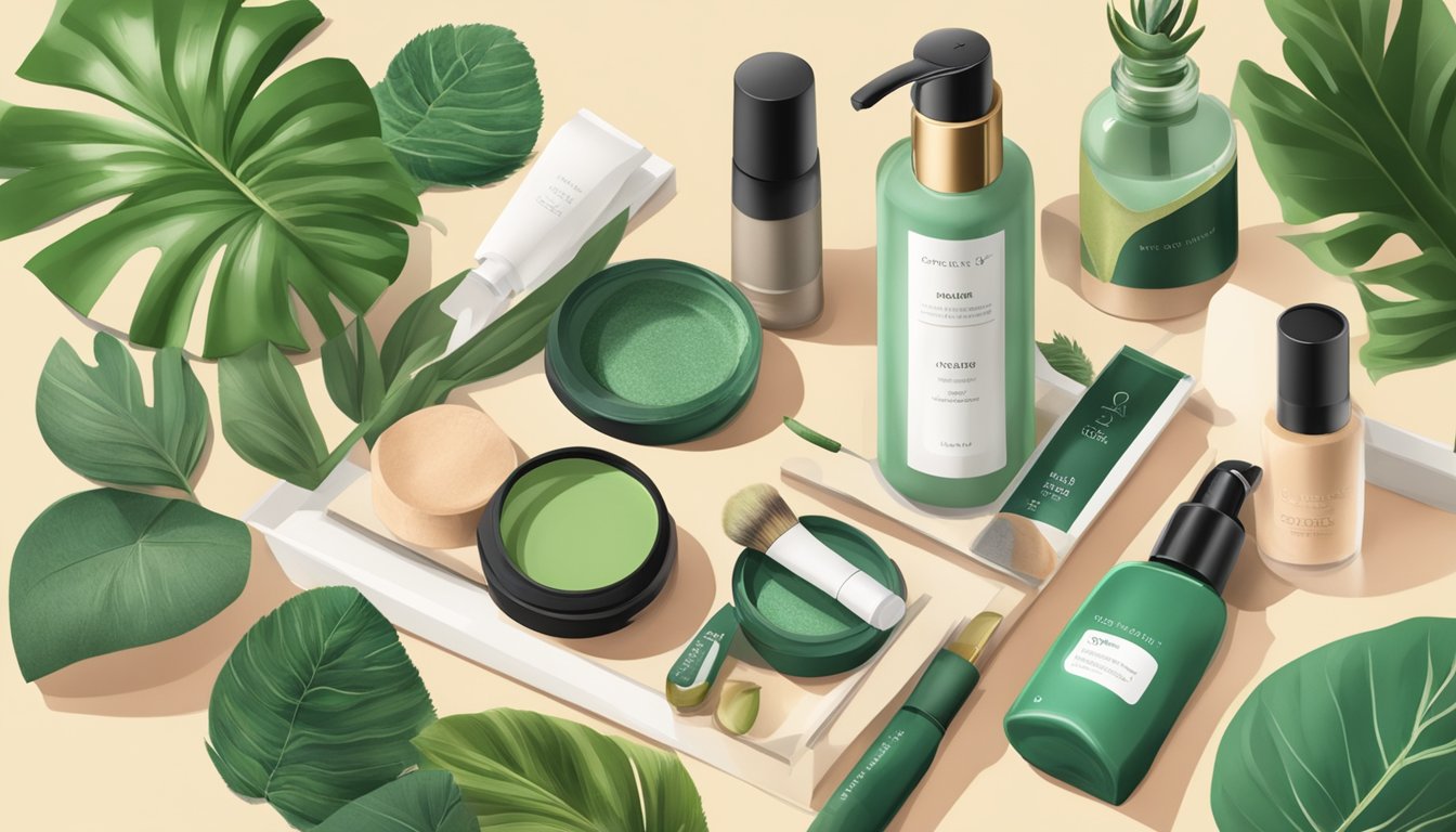 A table with eco-friendly makeup products, reusable packaging, and natural ingredients, surrounded by lush greenery