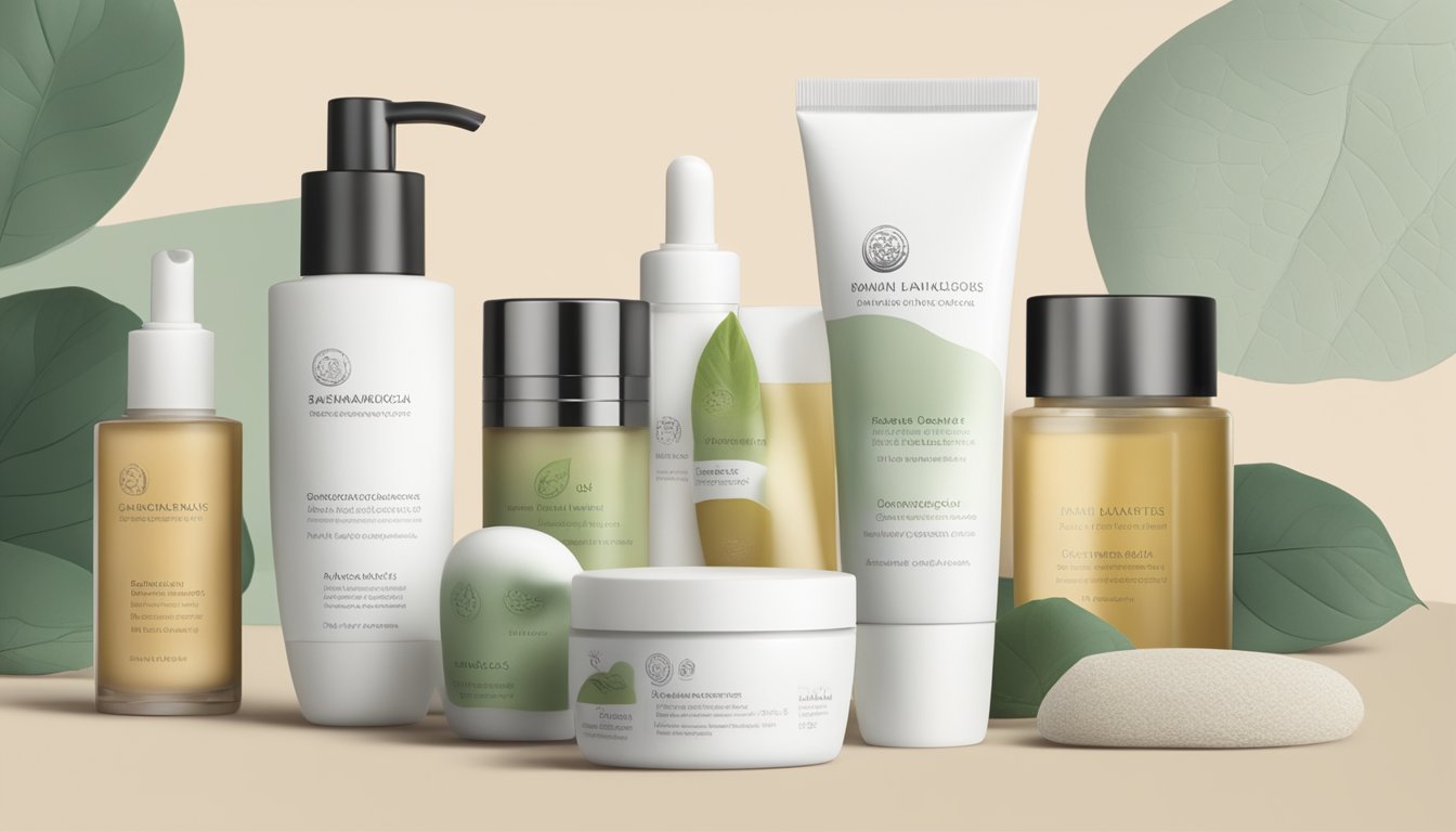 A display of Danish cosmetics, showcasing traditional Scandinavian designs and natural ingredients, with a focus on minimalist packaging and sustainable practices