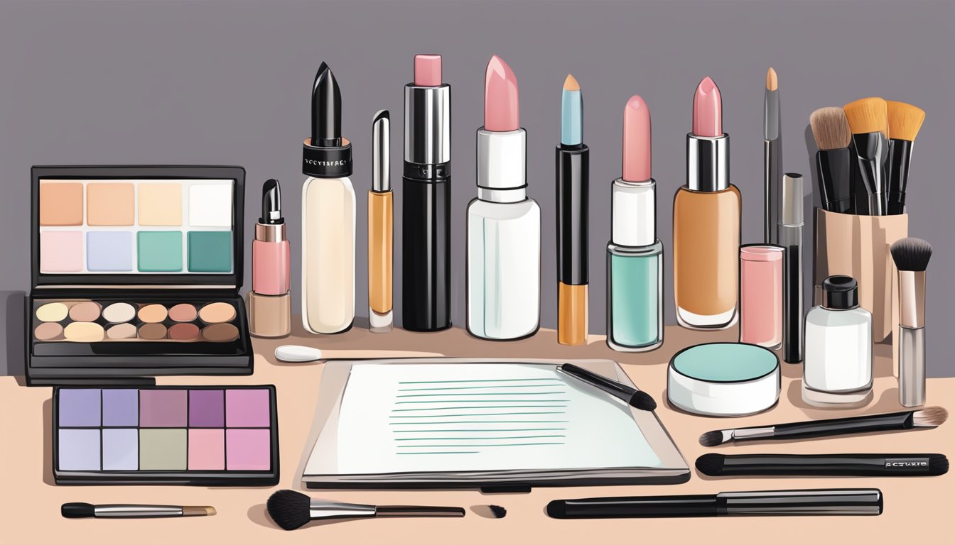 A table with various Danish makeup products neatly arranged, a banner with "Frequently Asked Questions" displayed prominently