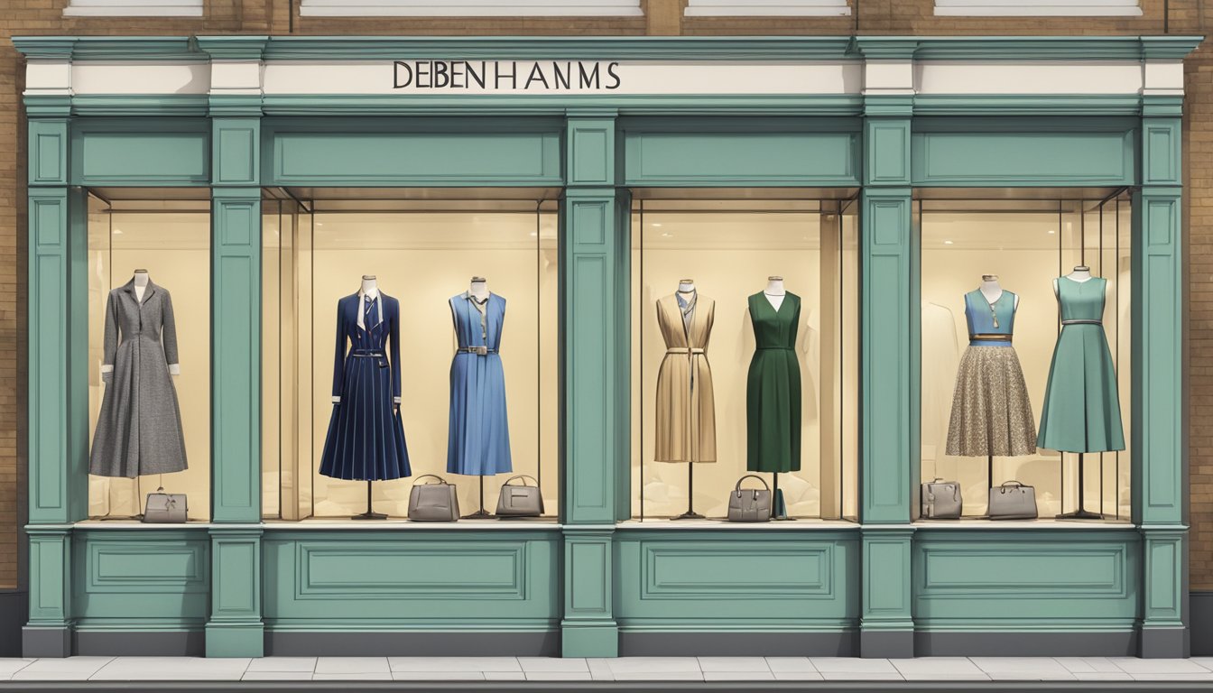 A timeline of Debenhams logos and clothing brands displayed on a vintage storefront window