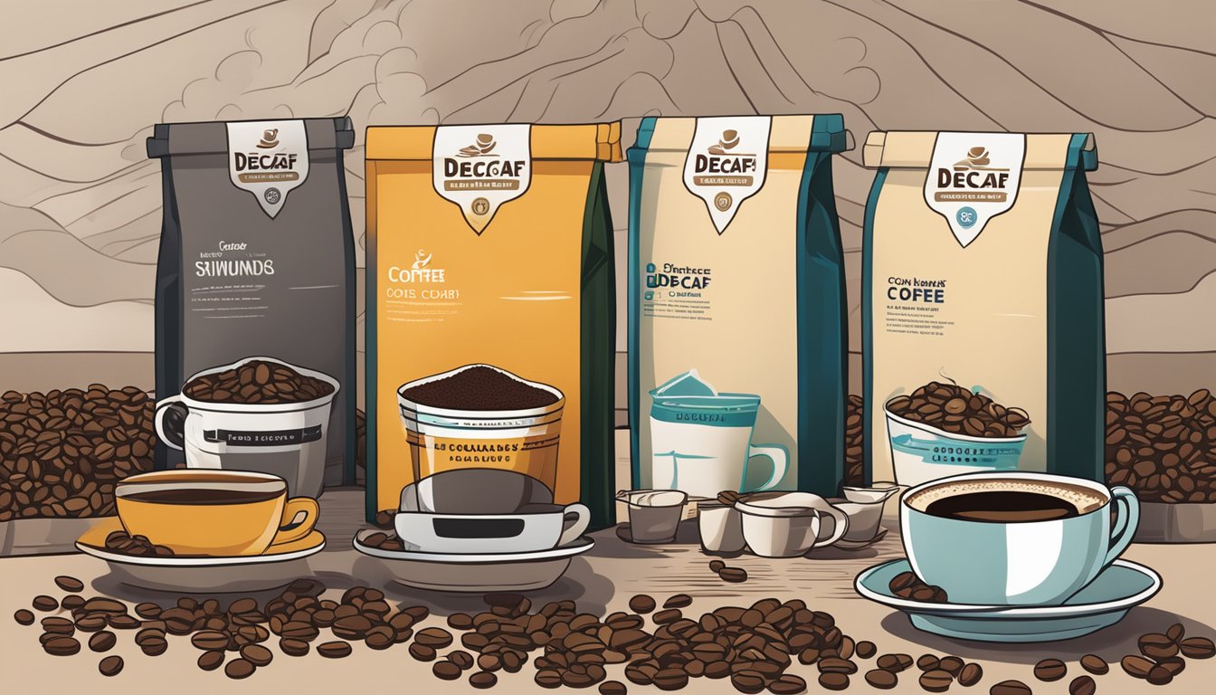 A table with various decaf coffee brands displayed, each with their unique packaging and logo. The table is set against a backdrop of coffee beans and a steaming cup of decaf coffee