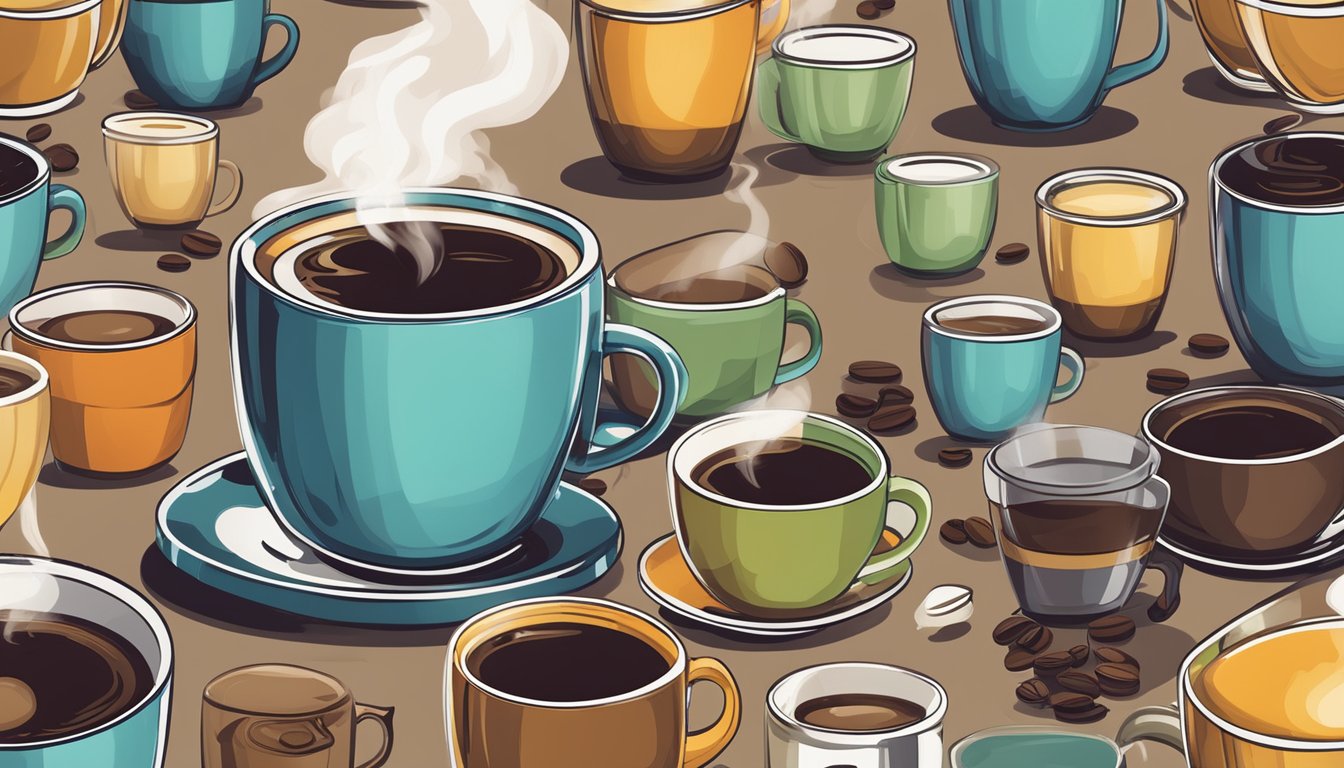 Steam rises from a freshly brewed cup of decaffeinated coffee, surrounded by various branded coffee packets and a coffee maker