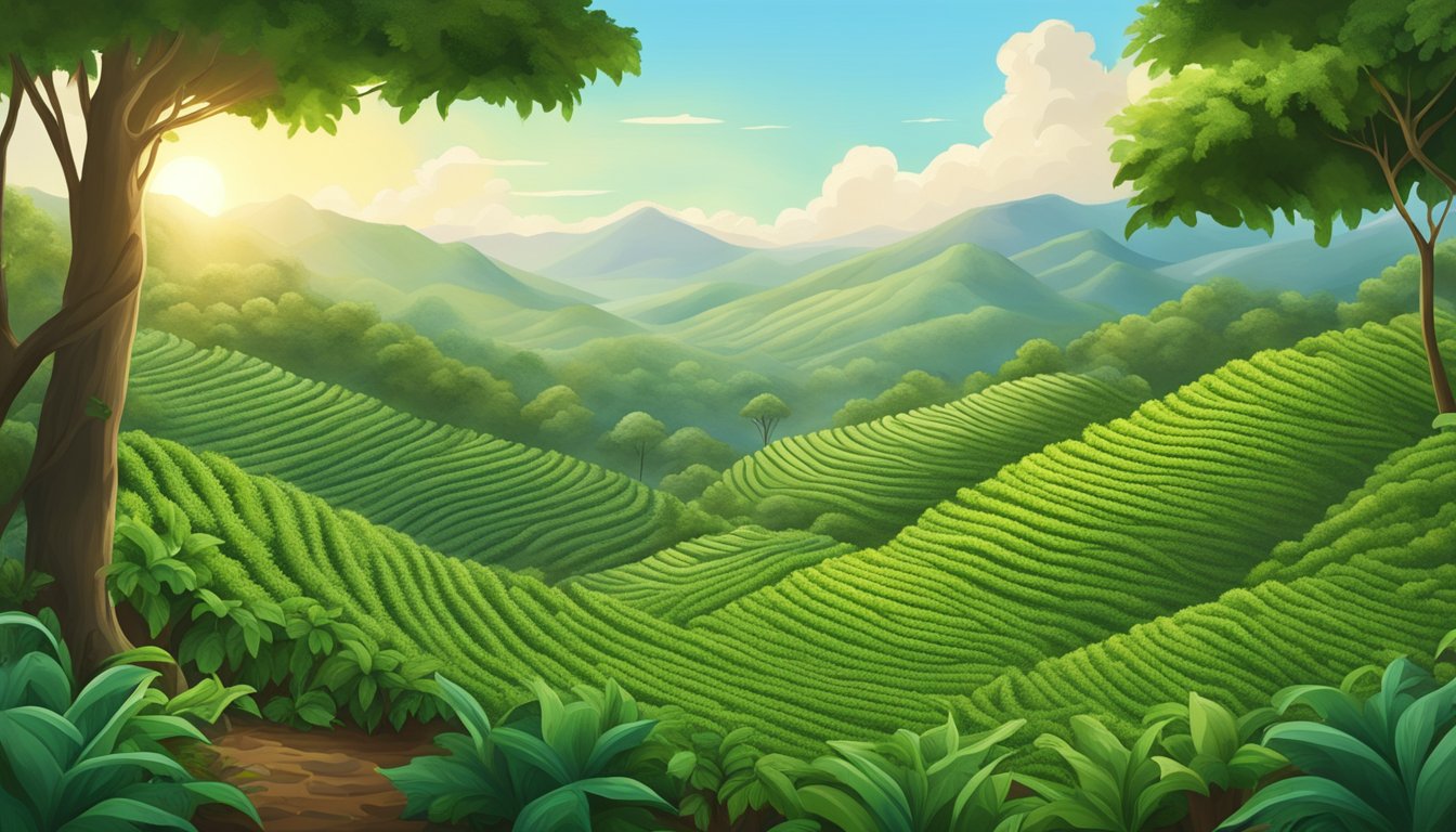 A lush coffee plantation with clean air and healthy soil, surrounded by thriving wildlife and clear water sources