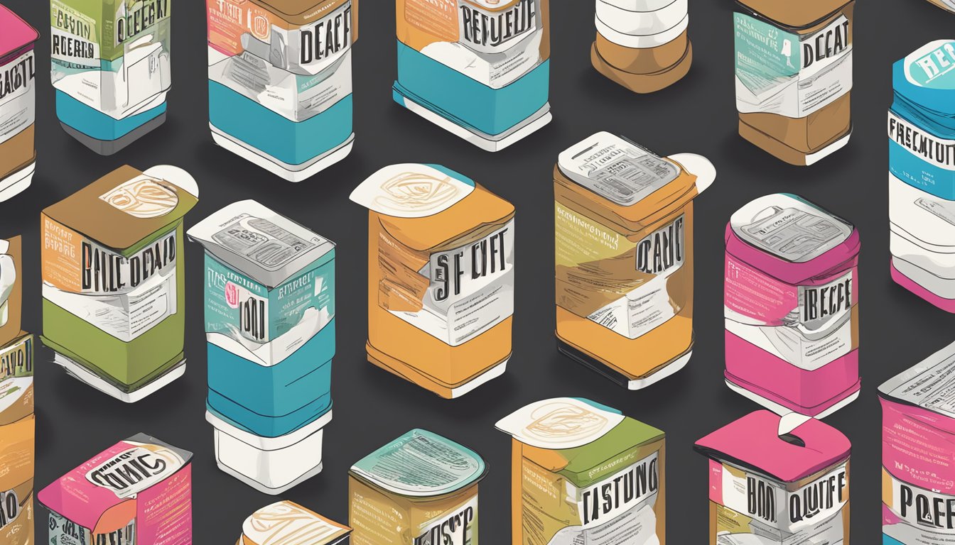 A stack of decaf coffee brands with "Frequently Asked Questions" labels