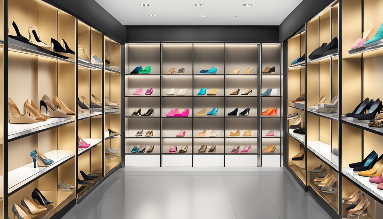 A display of designer heels brands arranged on sleek shelves in a high-end boutique