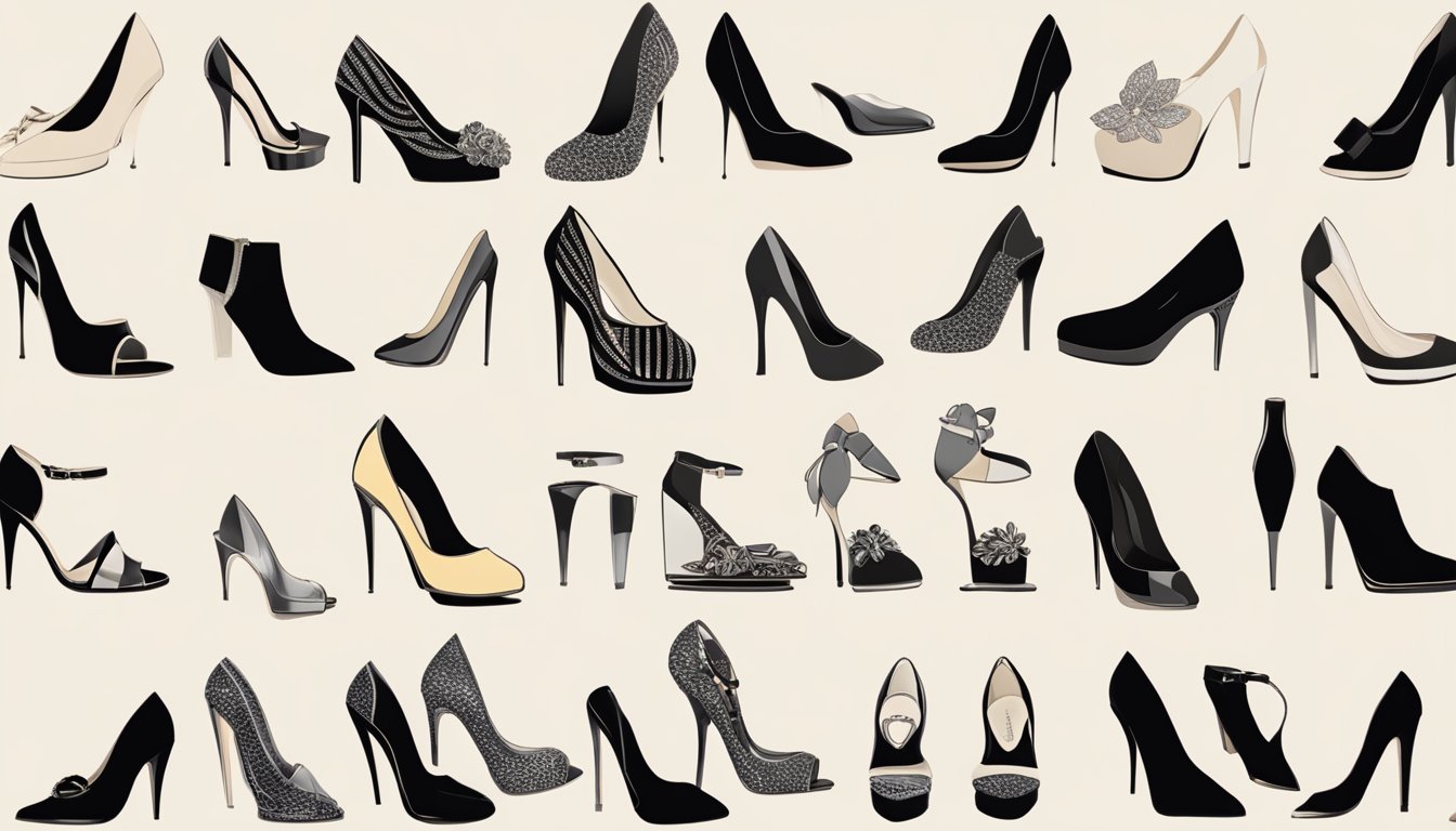 A display of designer heels in various styles and types, showcasing different brands and designs
