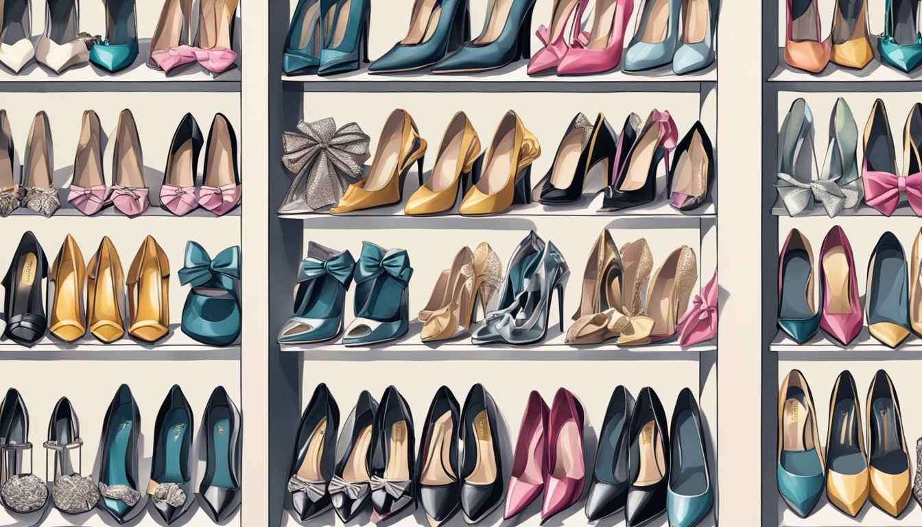 A display of designer heels brands arranged on shelves with accessories like bows, ribbons, and charms to show the concept of "Accessorising Your Heels."
