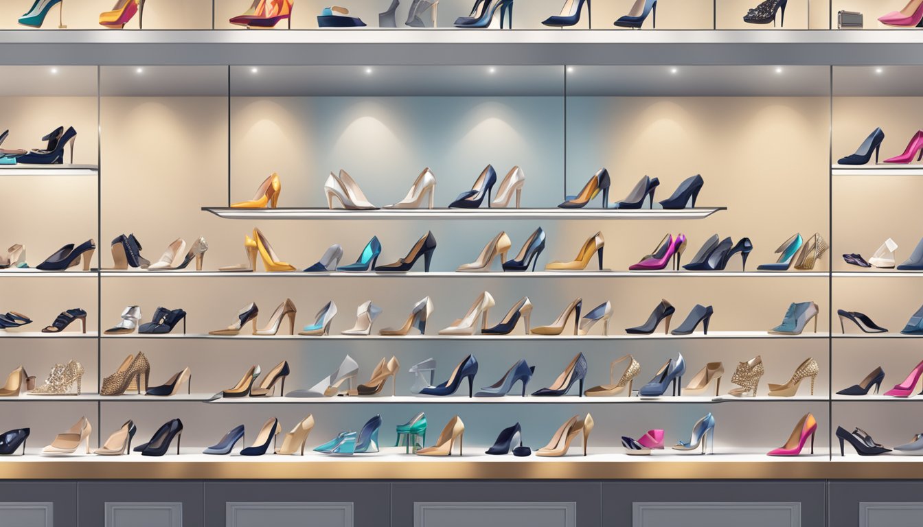 A display of designer heels from various brands, arranged neatly on shelves with labels and price tags. Bright lighting highlights the luxurious details of the shoes