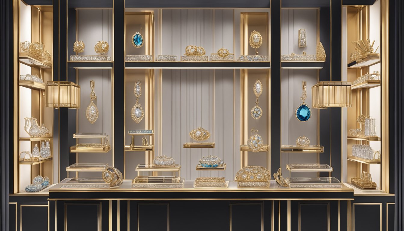 A display of elegant designer jewelry brands arranged on velvet-lined shelves. Each piece gleams under soft lighting, showcasing the intricate designs and luxurious materials
