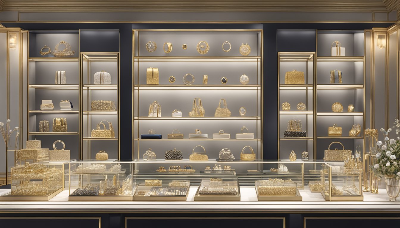 A display of iconic designer jewelry brands, featuring elegant and luxurious pieces arranged on velvet-lined shelves in a sophisticated boutique setting