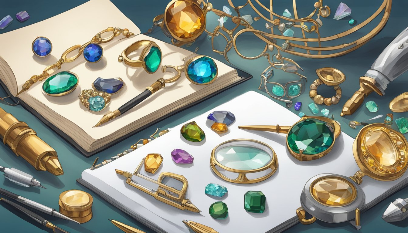 A table scattered with gemstones, metals, and tools. A designer's sketchbook lies open, filled with intricate jewelry designs. A magnifying lamp illuminates the workspace