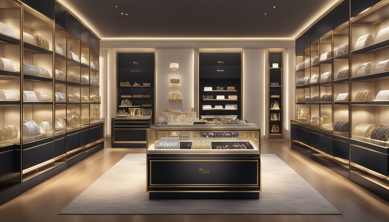 A luxurious display of designer jewelry brands arranged on velvet-lined shelves, sparkling under soft, warm lighting