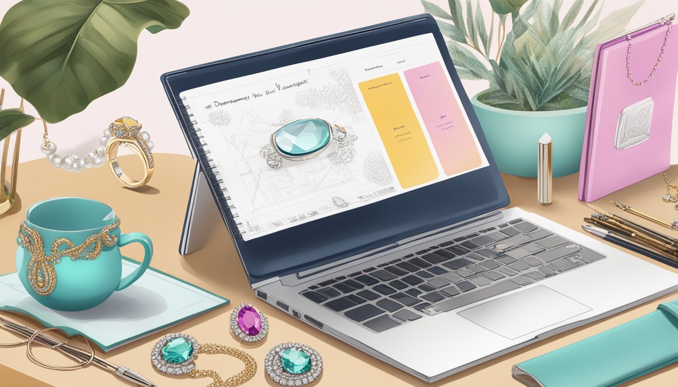 A table with a list of designer jewelry brands, a laptop open to a FAQ page, and a designer's sketchbook with jewelry designs