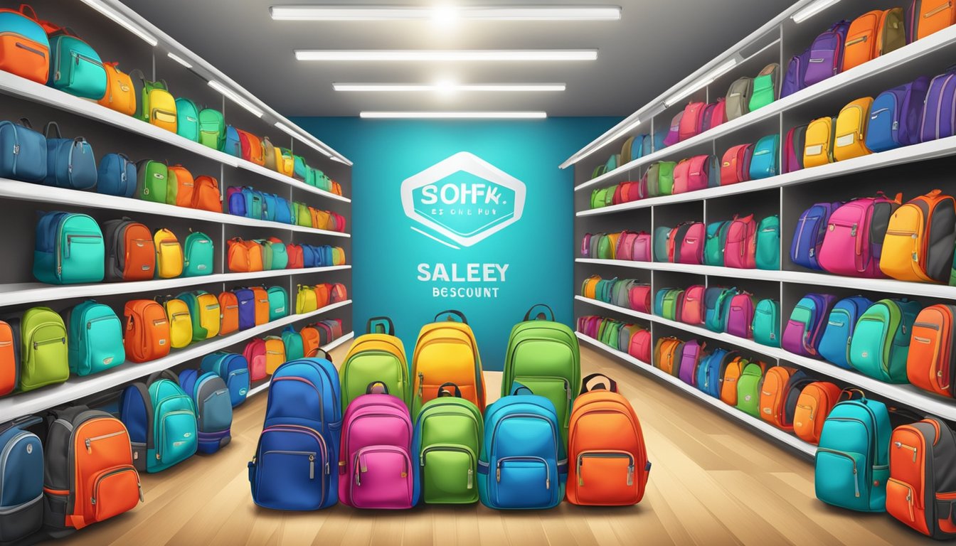 Colorful name brand backpacks displayed on shelves with "Top Discount" signage. Bright lighting and clean store environment