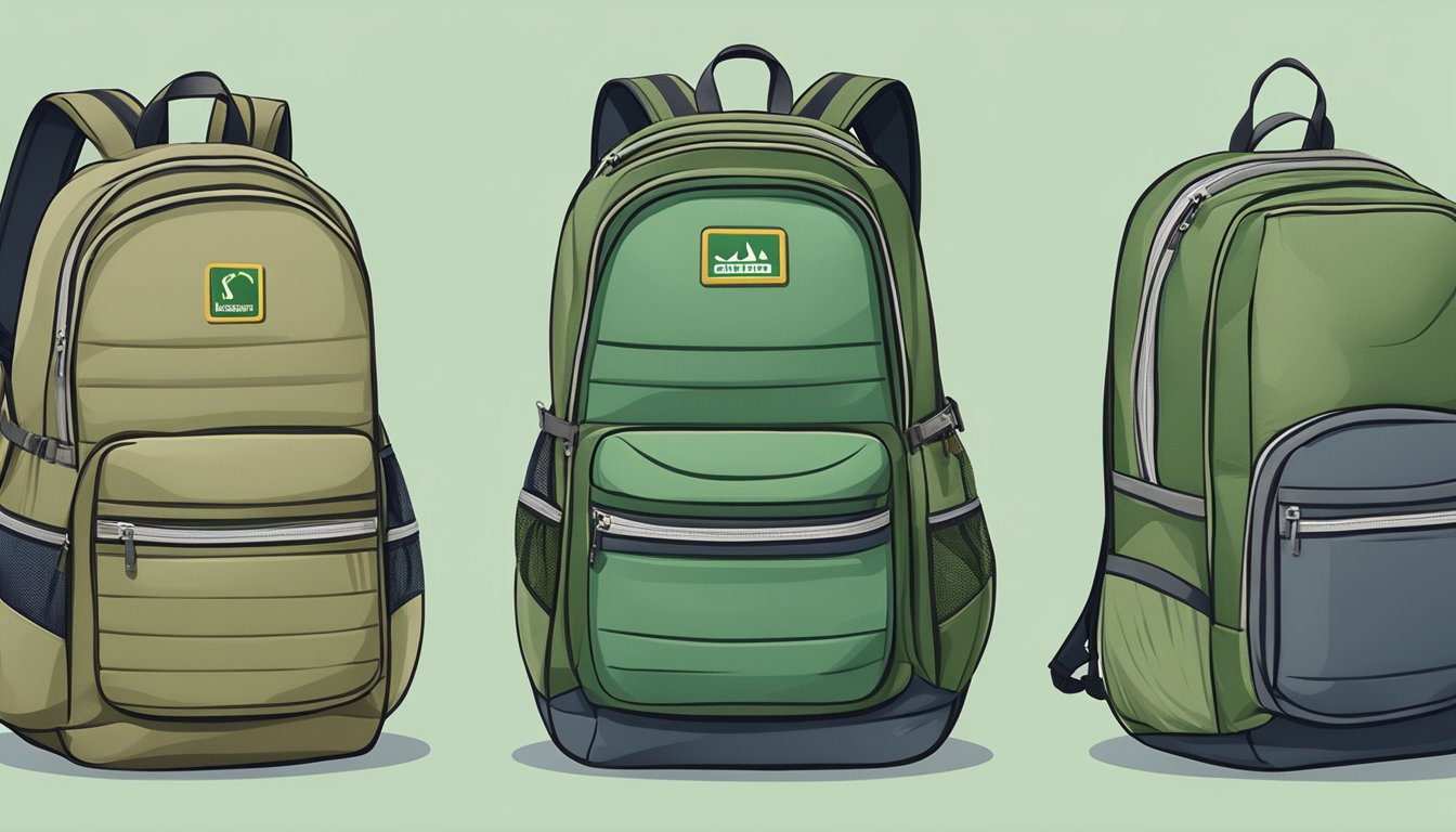 A stack of eco-friendly discount backpacks displayed with sustainable materials and branding
