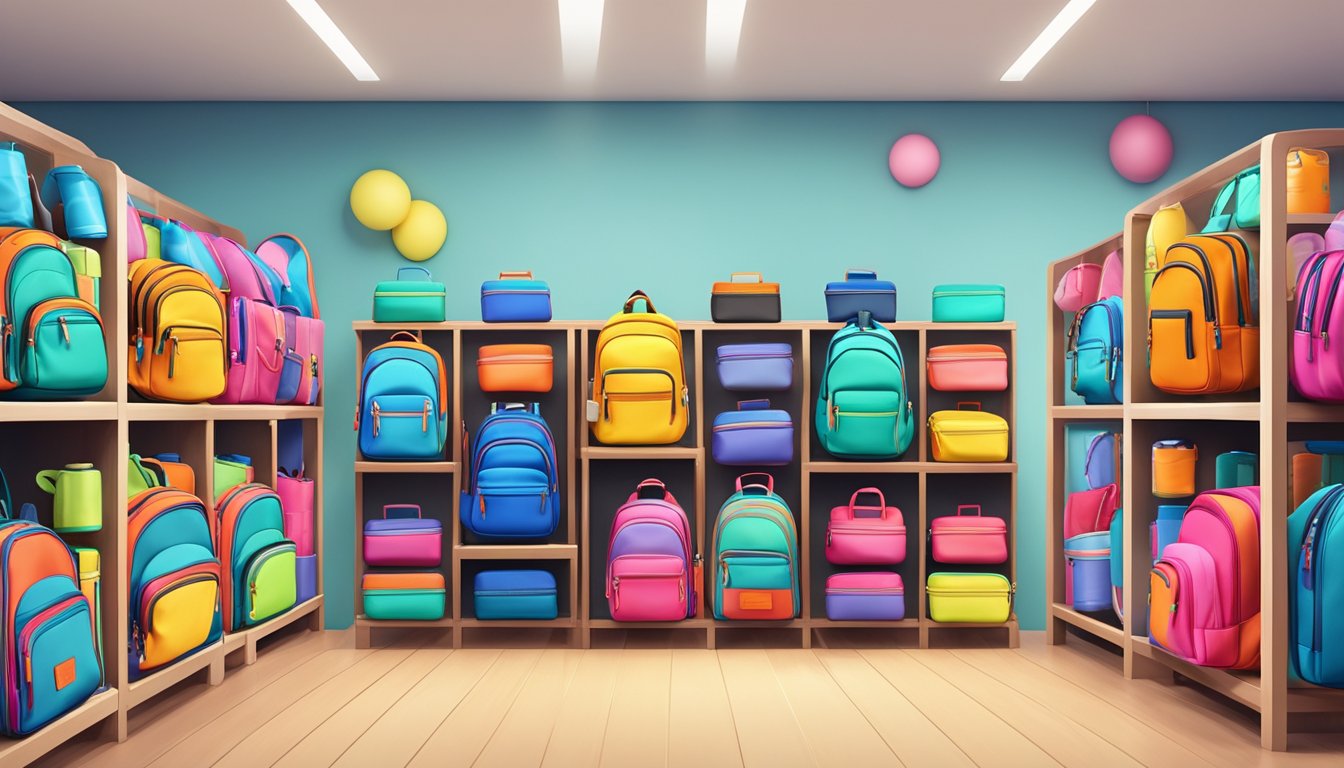 Colorful discount brand backpacks displayed with matching accessories. Brightly patterned water bottles, keychains, and pencil cases. Eye-catching display in a retail store