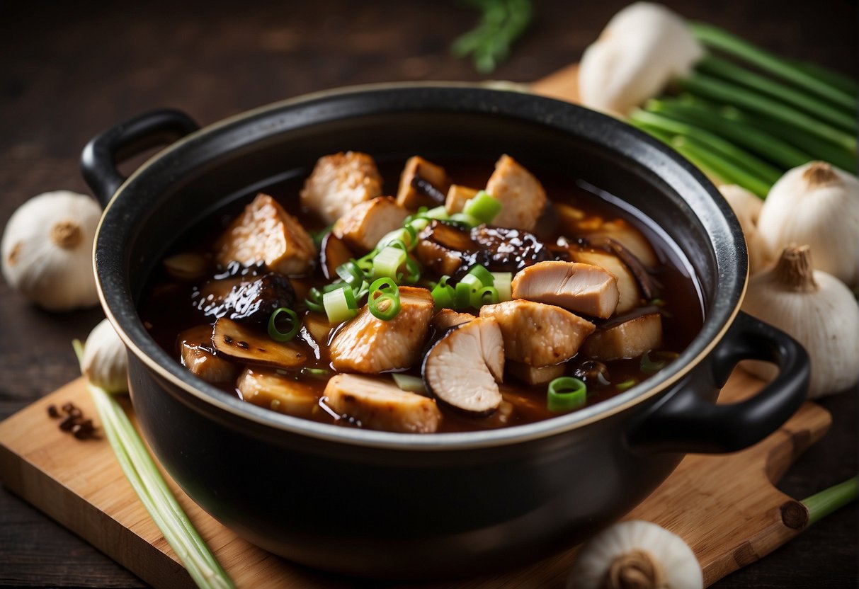 A pot of simmering chicken in Chinese wine, ginger, and soy sauce, surrounded by sliced shiitake mushrooms and green onions