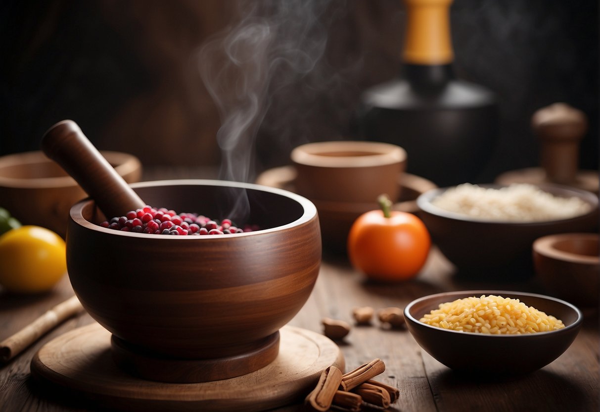 A traditional Chinese wine recipe being prepared with various ingredients in a wooden mortar and pestle