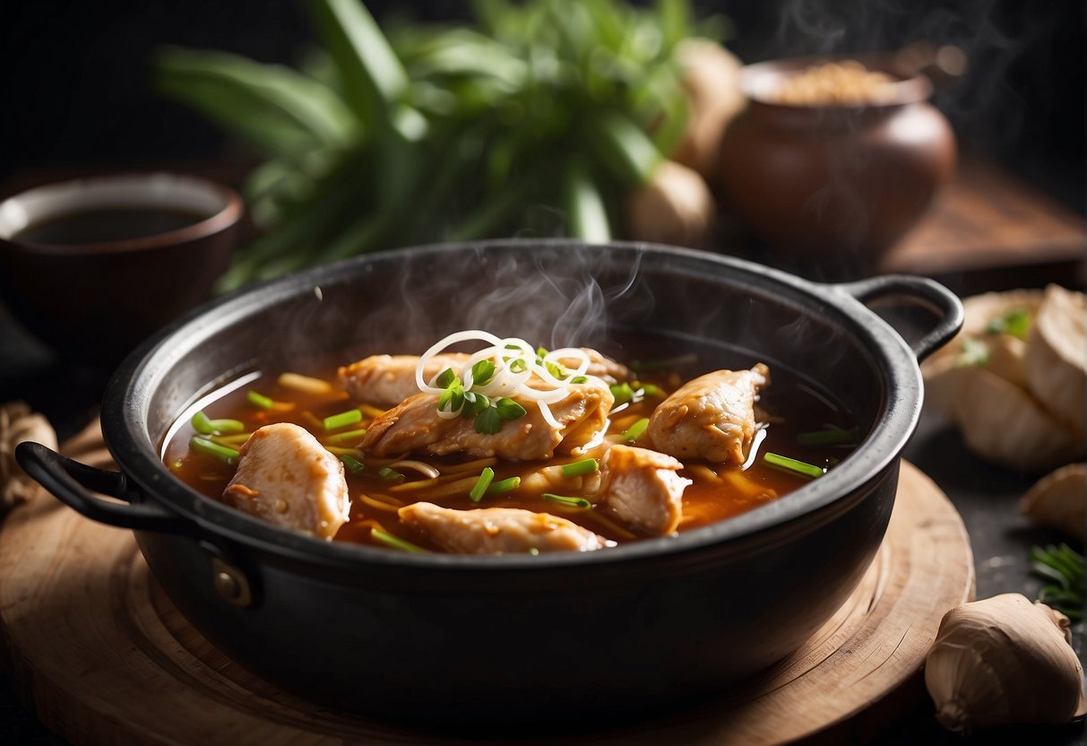 A simmering pot of Chinese wine chicken, with ginger, garlic, and green onions, steaming and fragrant. Ingredients like Shaoxing wine and soy sauce are laid out nearby