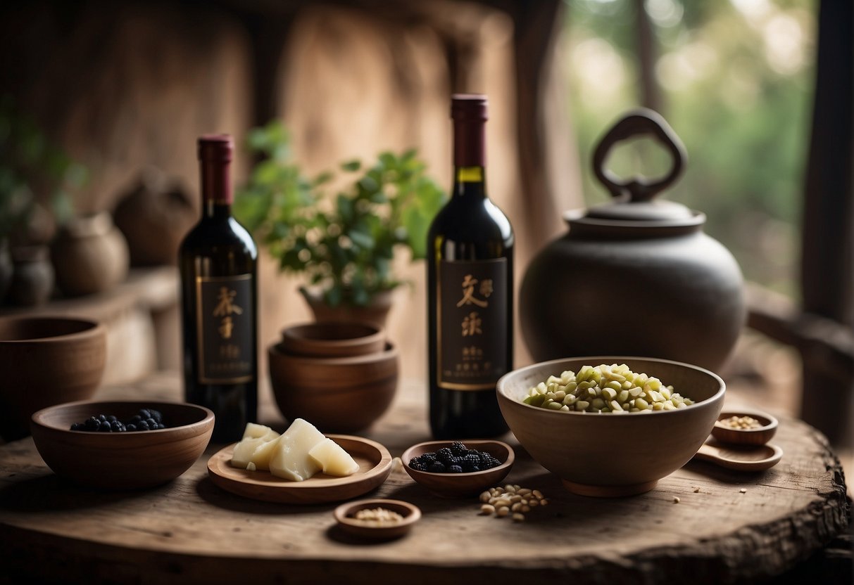 A traditional Chinese wine recipe being prepared with ancient tools and ingredients in a rustic countryside setting