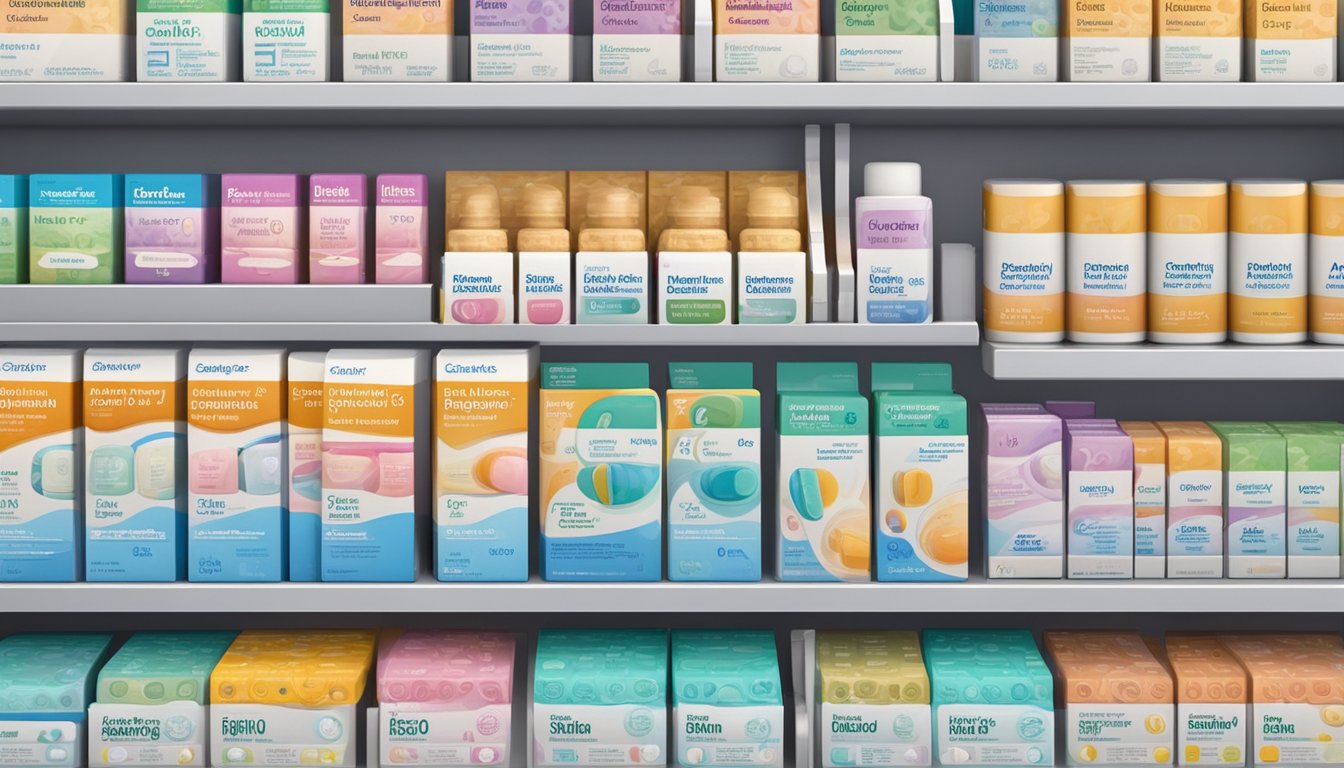 Various birth control pill packages arranged on a pharmacy shelf. Different brands and types are visible, showcasing the variety available
