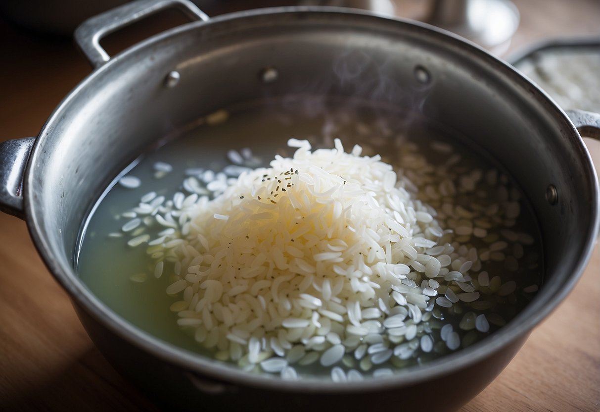 Boiling water in a large pot, adding rice and yeast, stirring the mixture, covering with a cloth, and letting it ferment for several weeks