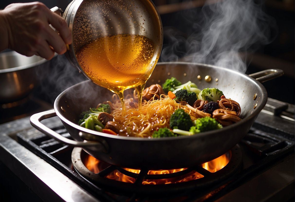 A hand pours Chinese wine into a wok of sizzling ingredients, creating a burst of aromatic steam
