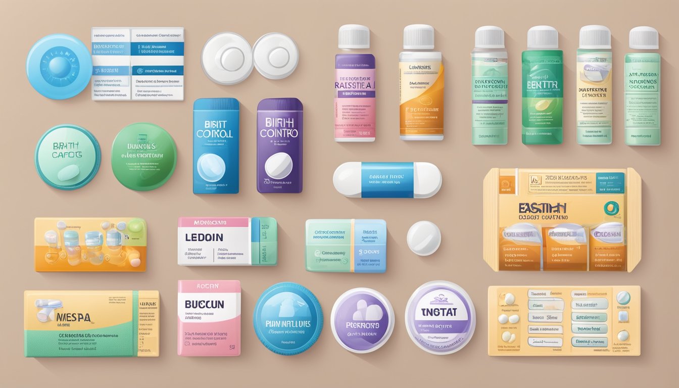 Various birth control pill brands arranged with warning labels and potential side effects listed. A medical professional could be included for context