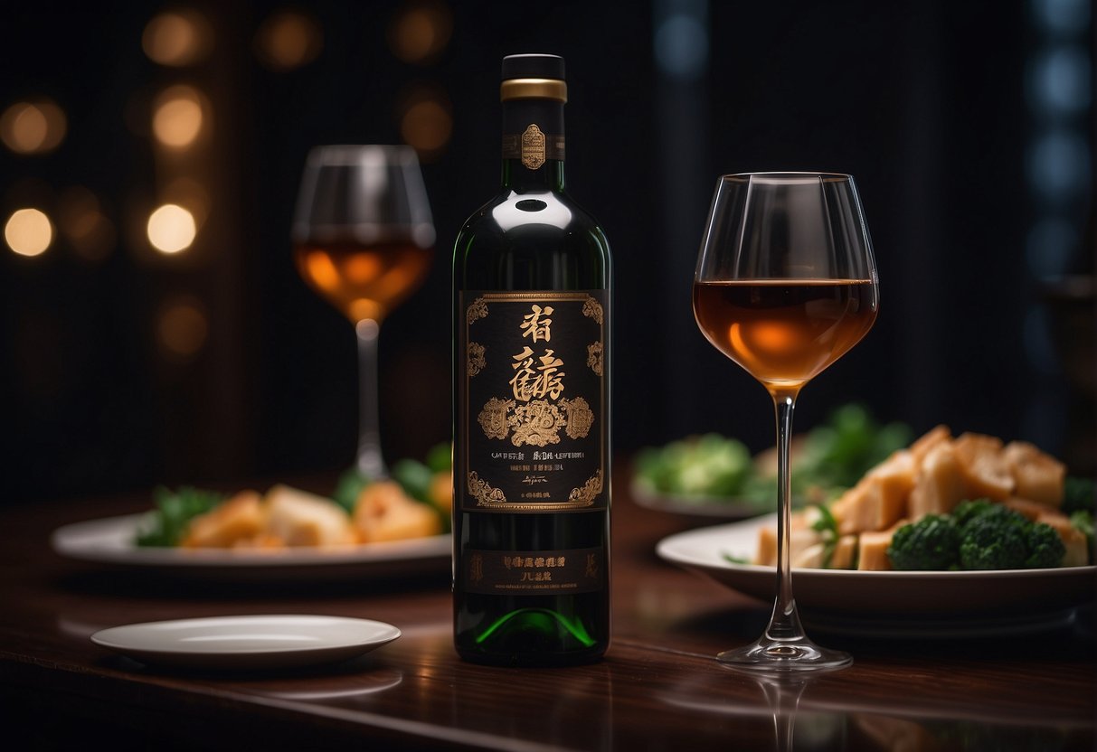A bottle of Chinese wine is stored in a cool, dark place. It is then served in small, delicate glasses at a traditional Chinese dinner table