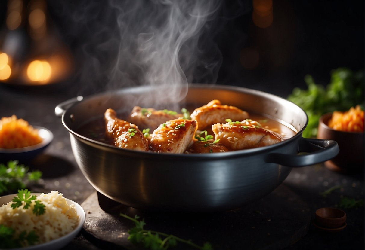 Chicken pieces simmer in a pot with Chinese wine, ginger, and soy sauce. Steam rises from the bubbling liquid as the dish cooks