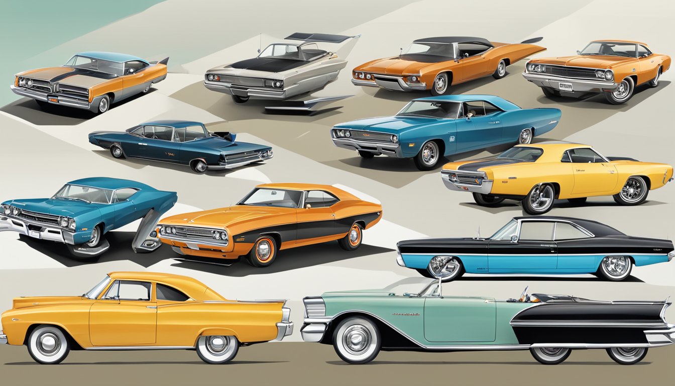 A timeline of Dodge vehicles, from early models to modern cars, displayed in a dynamic and engaging manner