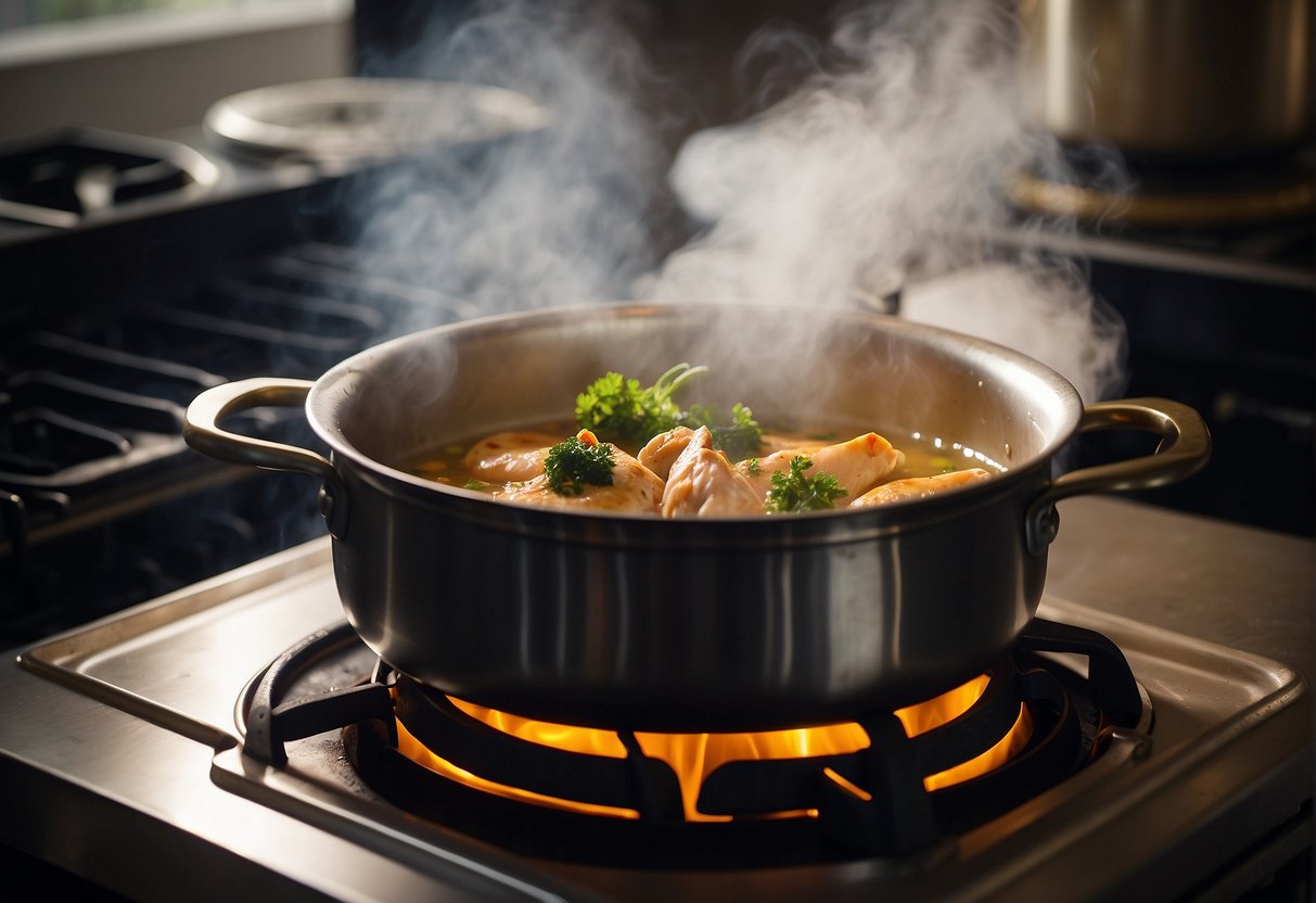 A pot of Chinese wine chicken simmers on a stove, filling the air with rich, savory aromas. The steam rises from the pot, carrying the healing properties of the dish
