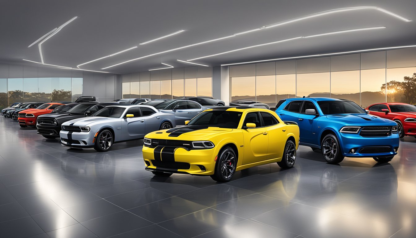 A lineup of Dodge vehicles, including American brands, is displayed in a showroom