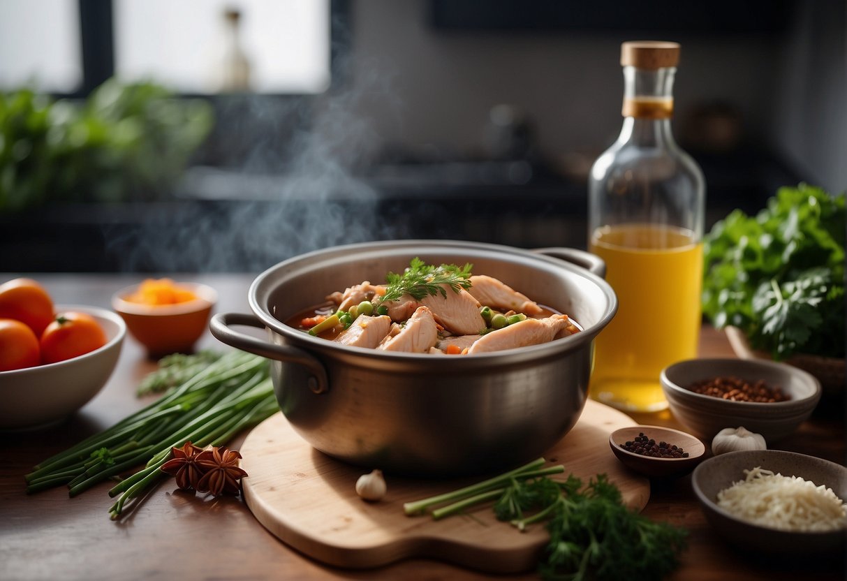 A pot of simmering Chinese wine chicken with aromatic herbs and spices. A recipe card and ingredients laid out on a clean kitchen counter