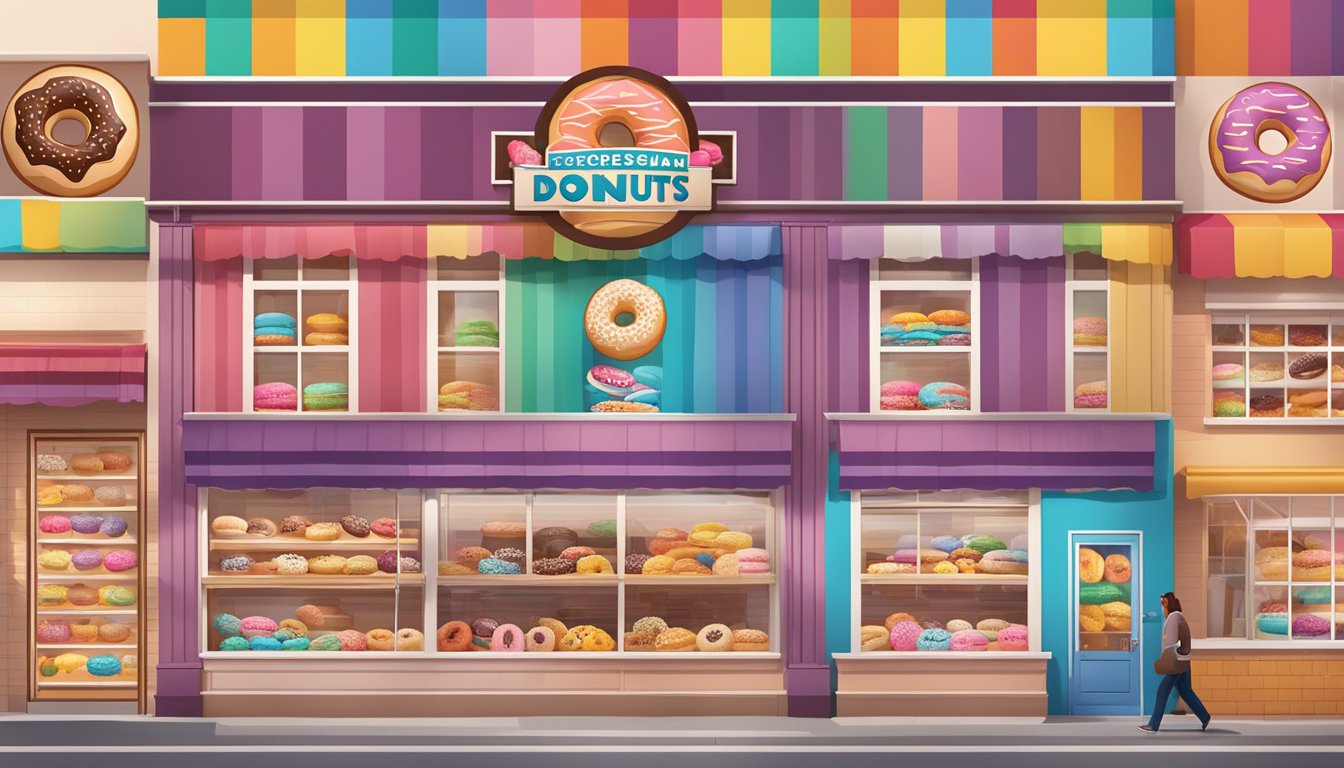Various donut brand logos displayed on a colorful storefront, with enticing images of glazed, sprinkled, and filled donuts