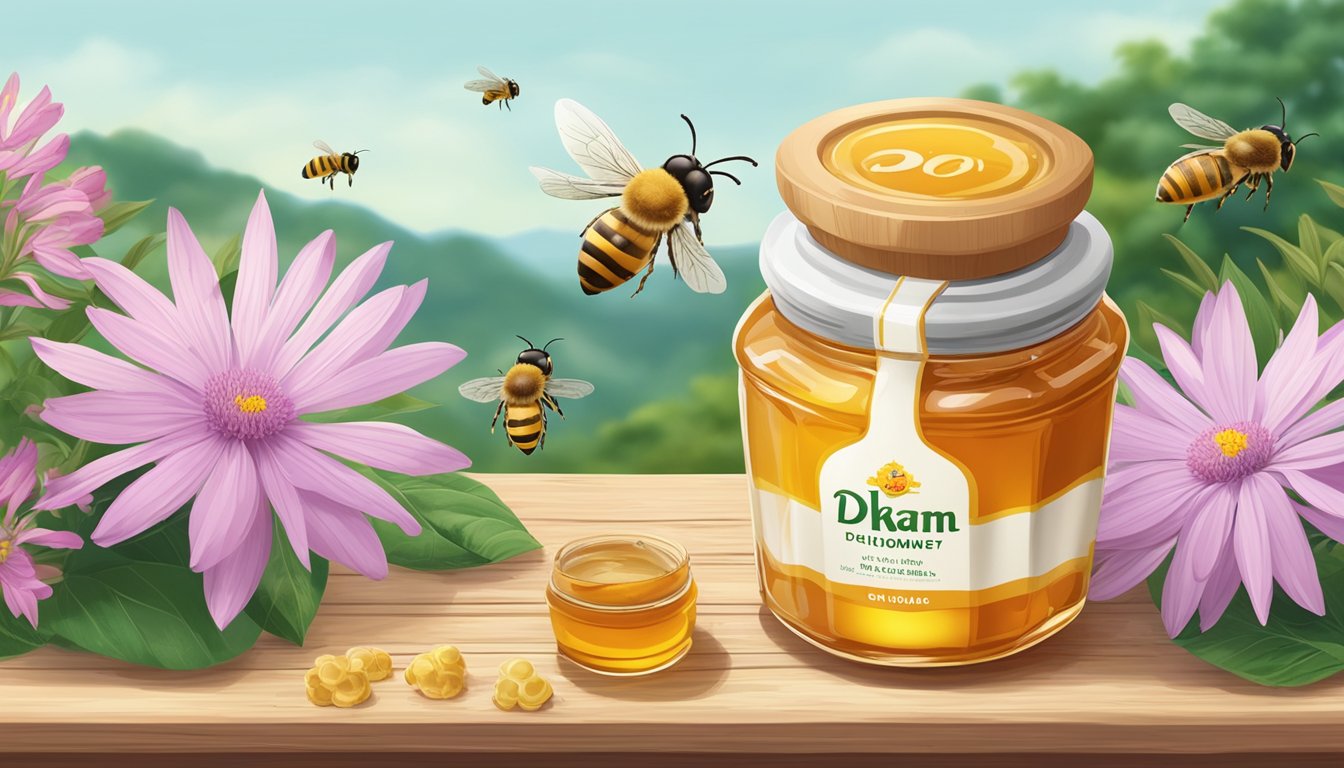 A jar of Doi Kham brand honey sits on a wooden table, surrounded by wildflowers and bees buzzing nearby