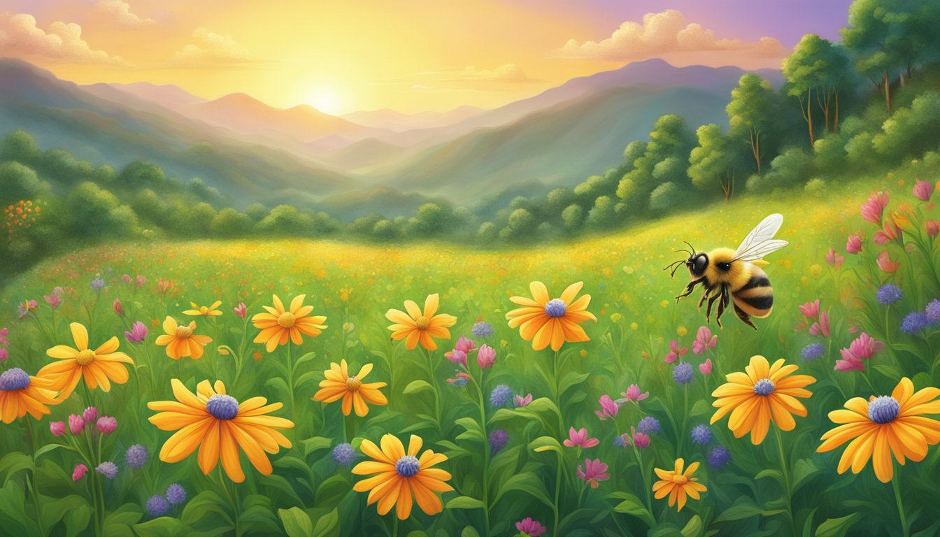 A bee hovers over vibrant wildflowers in a lush, green field, collecting nectar to create Doi Kham brand honey