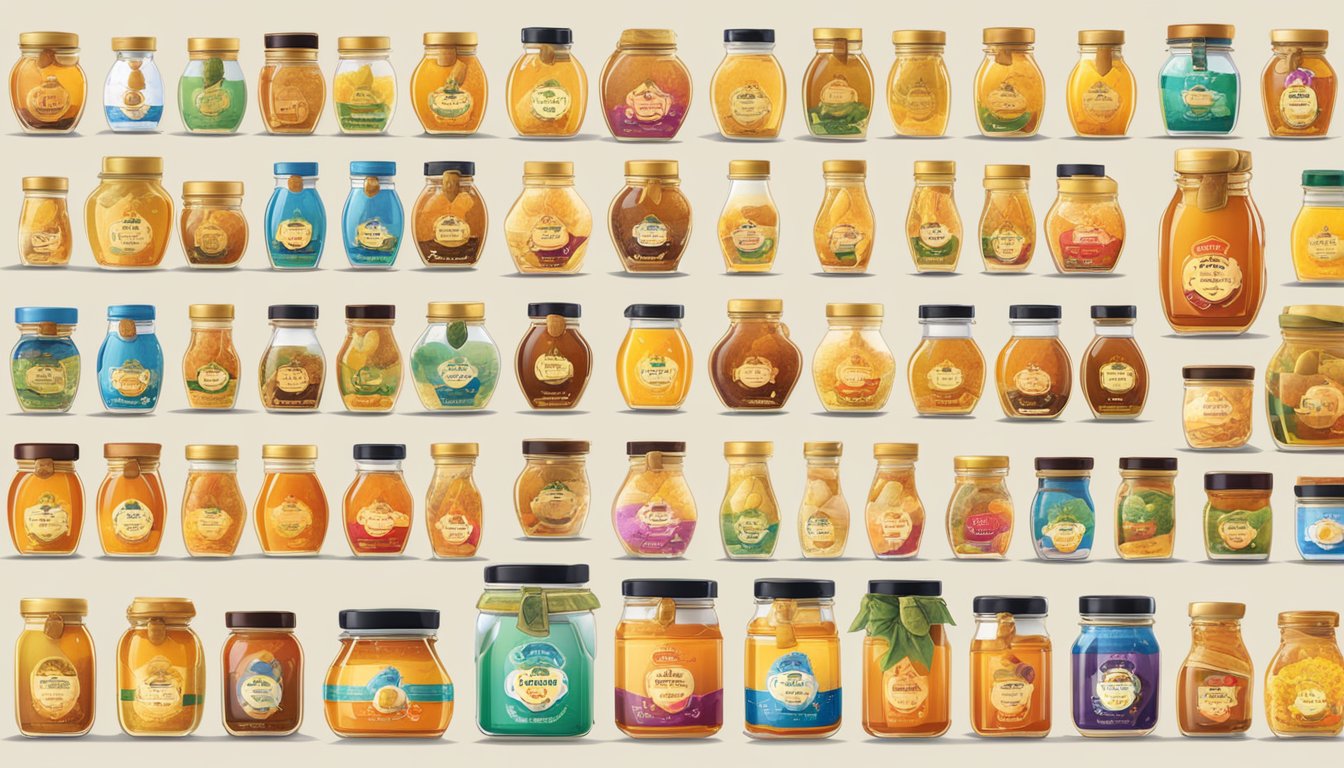 A variety of Doi Kham brand honey jars displayed with labels showing different flavors and features