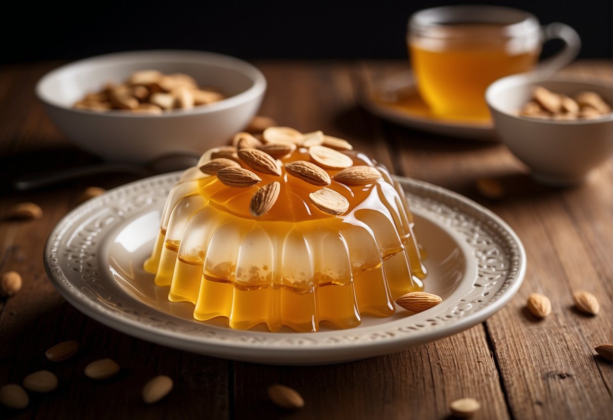 A bowl of clear almond jelly sits on a wooden table, garnished with sliced almonds and a drizzle of sweet syrup