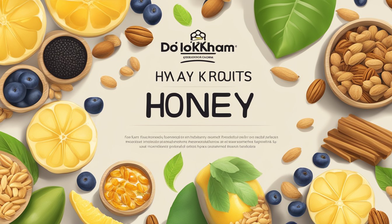 A jar of Doi Kham brand honey surrounded by fresh fruits and nuts, with a label highlighting its nutritional benefits