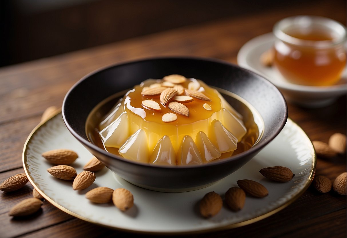 A bowl of Chinese almond jelly with sliced almonds and a drizzle of sweet syrup, set on a traditional Chinese serving dish